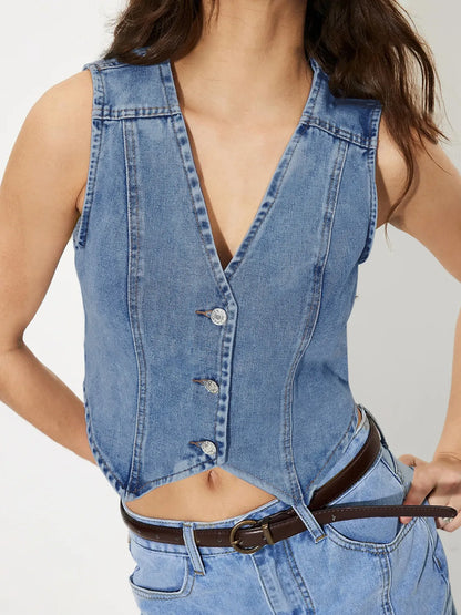 Button-Up Sleeveless Denim Vest Easy Apparels