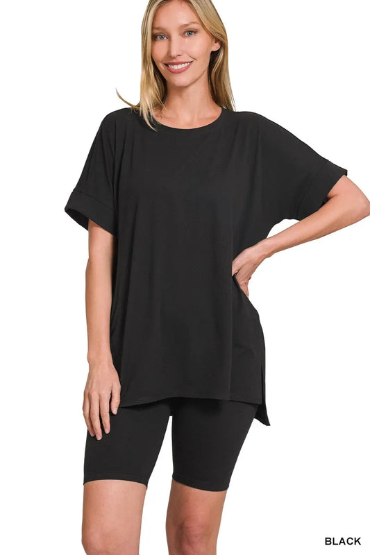 Zenana Brushed Dty Microfiber Round Neck Top and Biker Shorts Set BLACK Easy Apparels