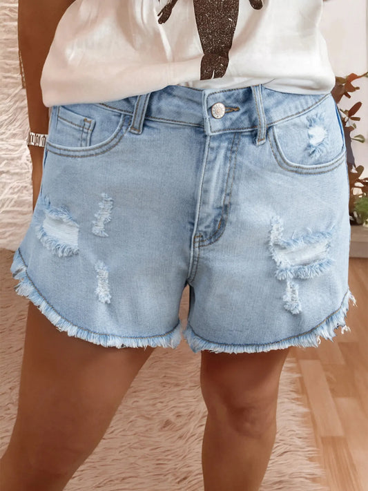 High Rise Distressed Raw Hem Denim Shorts Beau Blue Easy Apparels