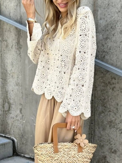 Trendsi Crochet Lace V-Neck Bell Sleeve Knit Top