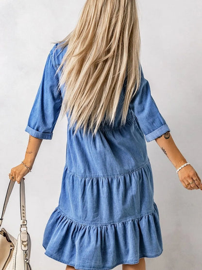 Full Size Ruffled Hem Button Up Denim Midi Dress Plus Size Easy Apparels