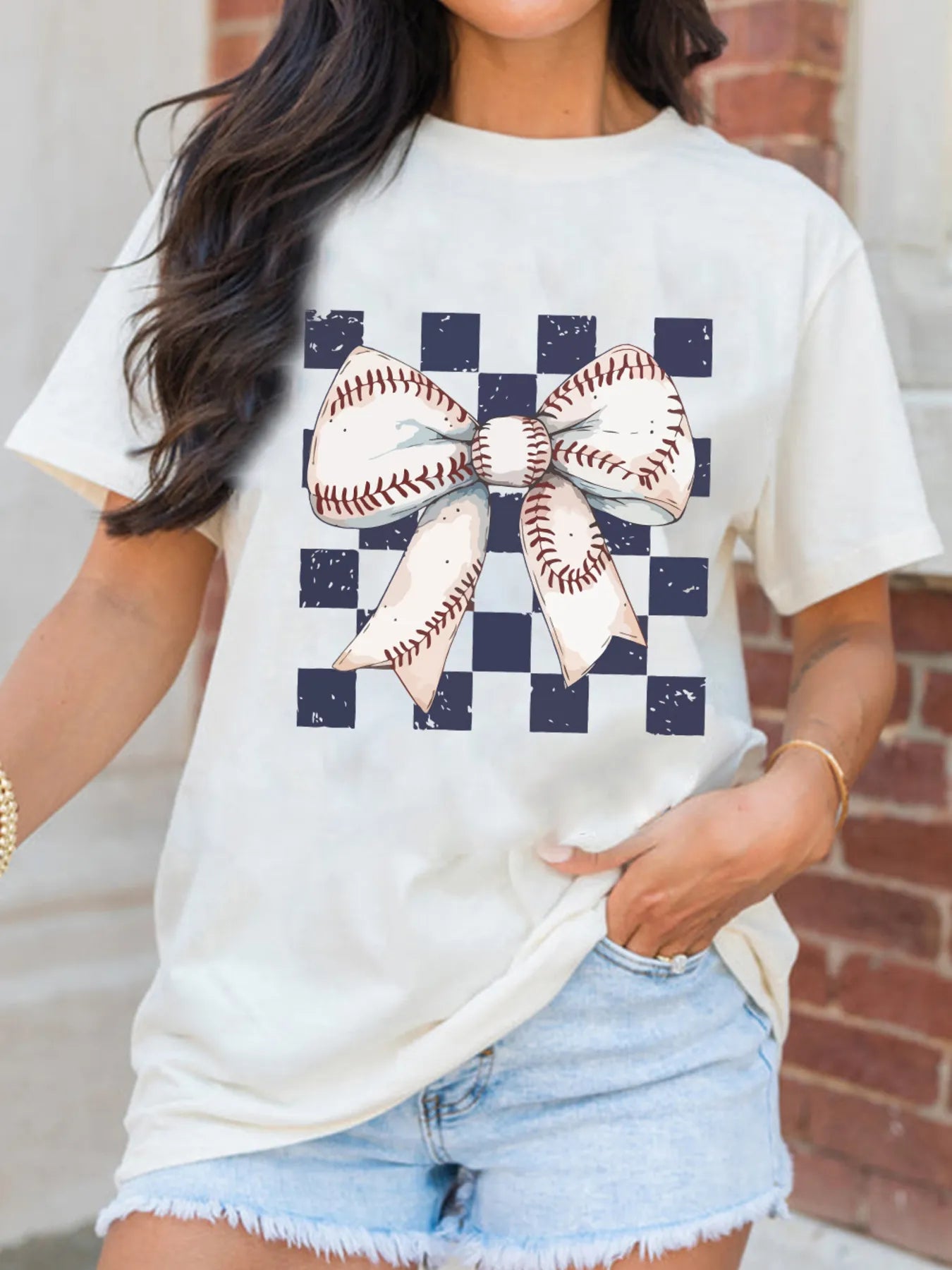 Trendsi Checkered Bowknot Graphic Crew Neck T Shirt