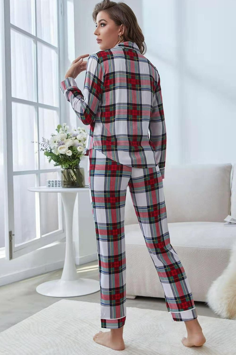 Plaid Button Front Top and Pants Lounge Set Easy Apparels
