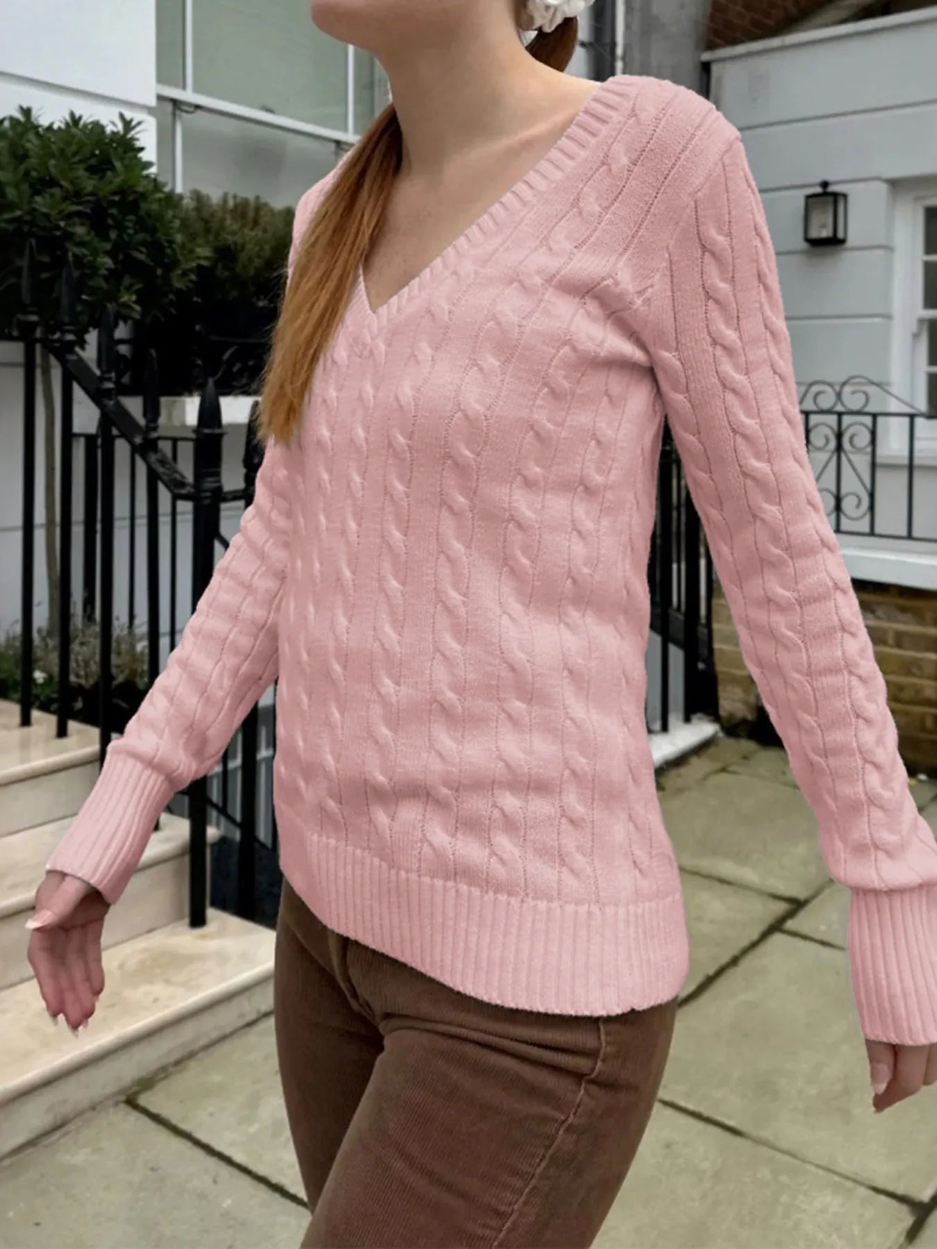 Trendsi Cable Knit V-Neck Sweater