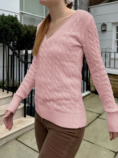 Trendsi Cable Knit V-Neck Sweater