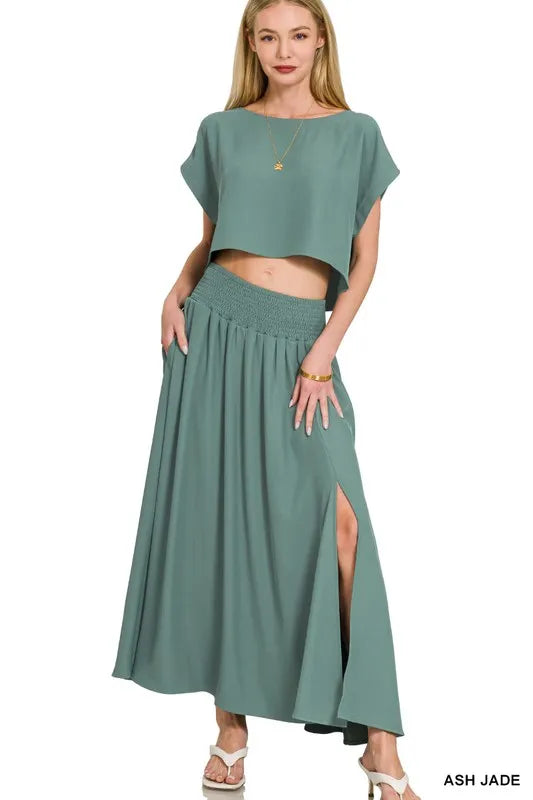 Zenana Heavy Woven Span Crop Tee & Skirt Set Easy Apparels
