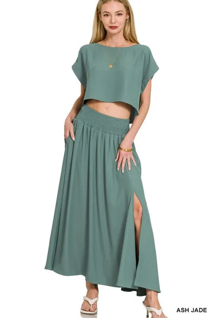 Zenana Heavy Woven Span Crop Tee & Skirt Set Easy Apparels