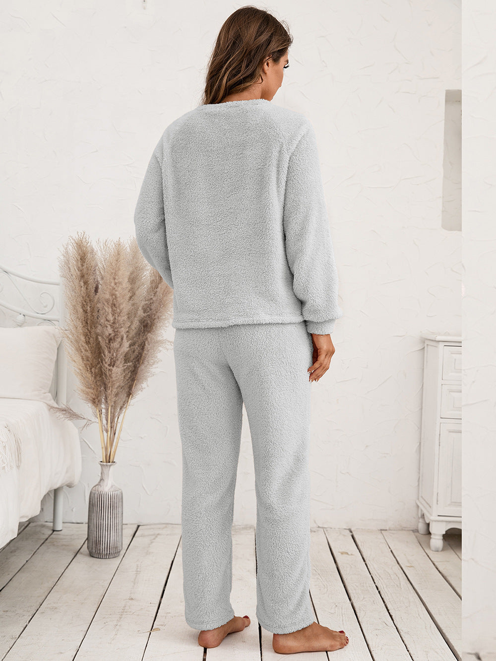 Ivy Lane Teddy Long Sleeve Top and Pants Lounge Set Easy Apparels