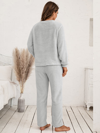 Ivy Lane Teddy Long Sleeve Top and Pants Lounge Set Easy Apparels