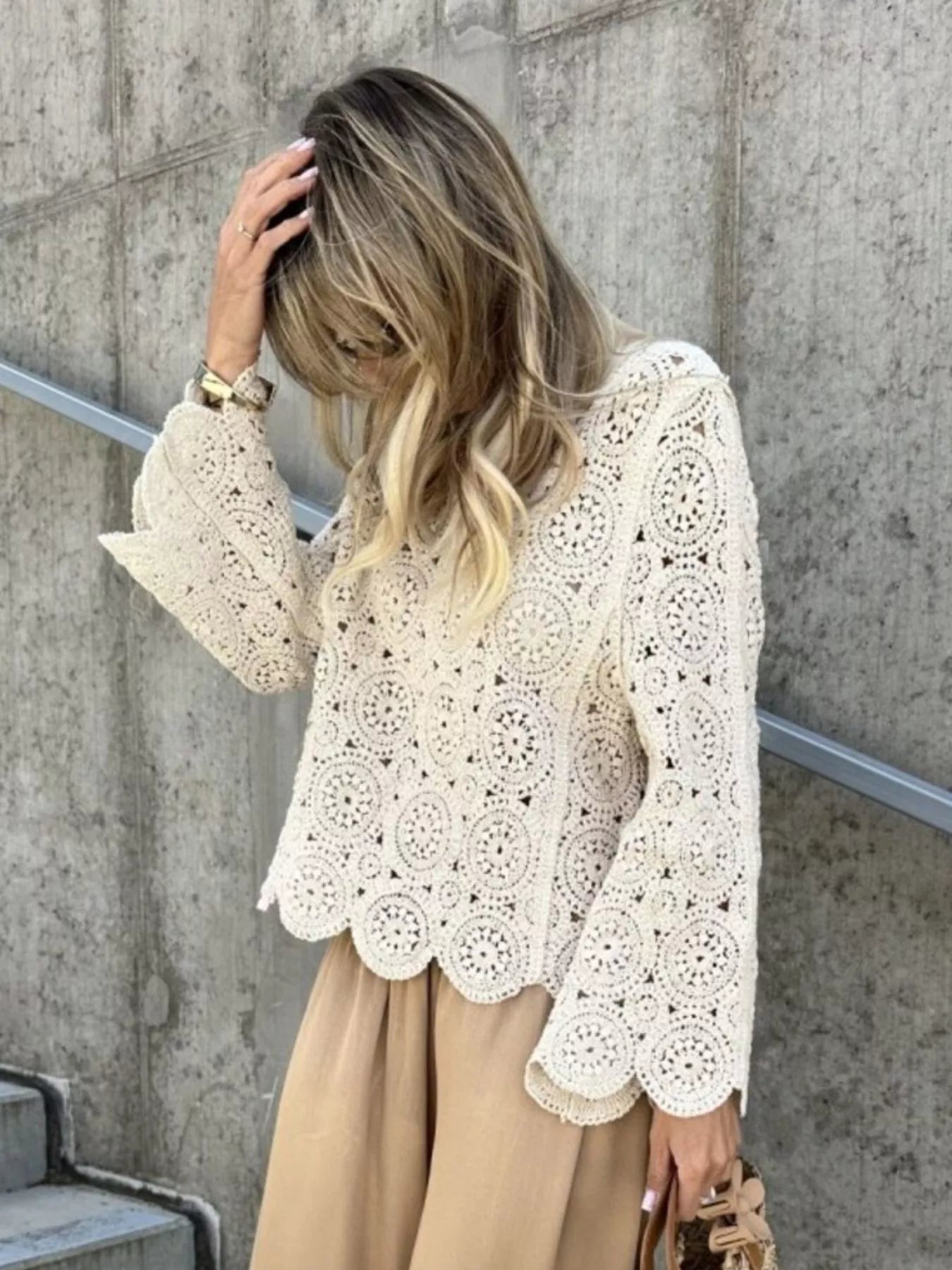 Trendsi Crochet Lace V-Neck Bell Sleeve Knit Top