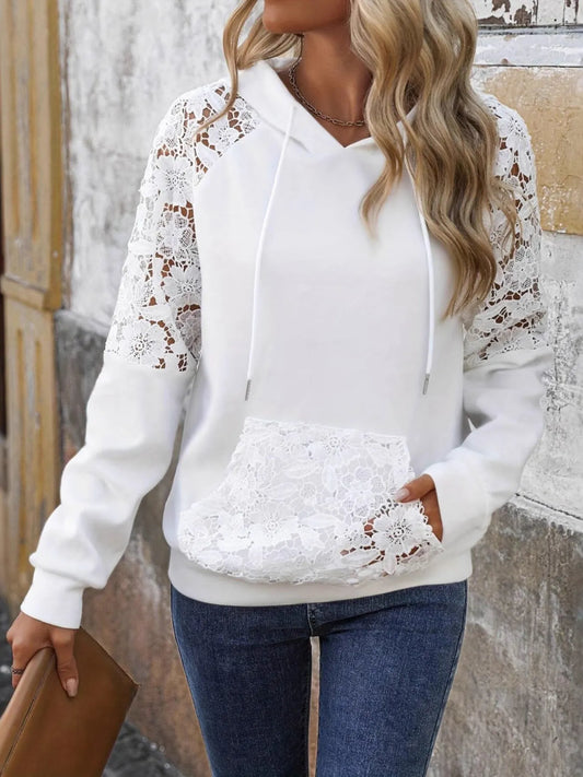 Trendsi Drawstring Lace Detail Long Sleeve Hoodie White