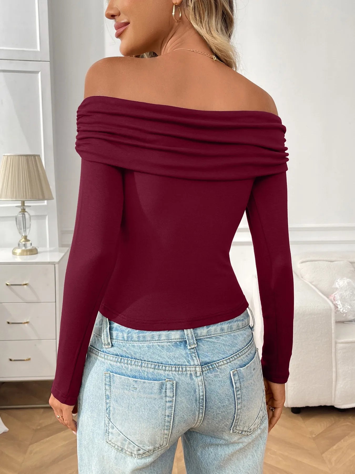 Trendsi Off-Shoulder Long Sleeve Fitted T-Shirt