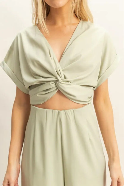 HYFVE Twisted Front Short Sleeve Top and Wide Leg Pants Set Easy Apparels