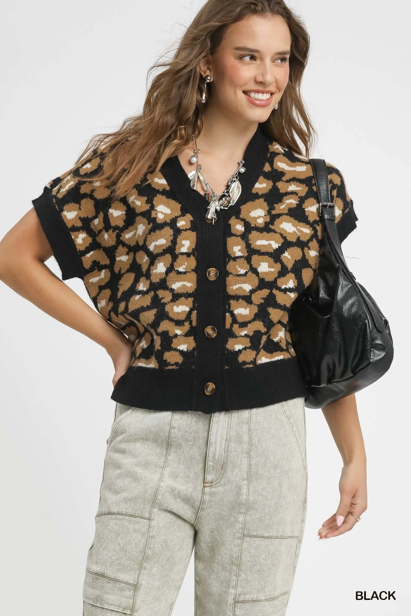 Umgee Leopard Button Down Short Sleeve Cardigan Black Easy Apparels