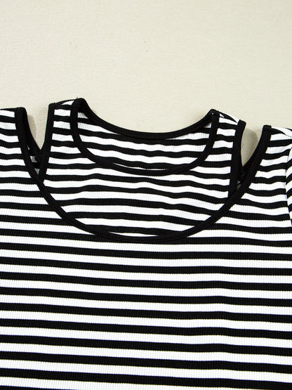 Trendsi Stripe Double-layer Cold Shoulder Long Sleeve Top