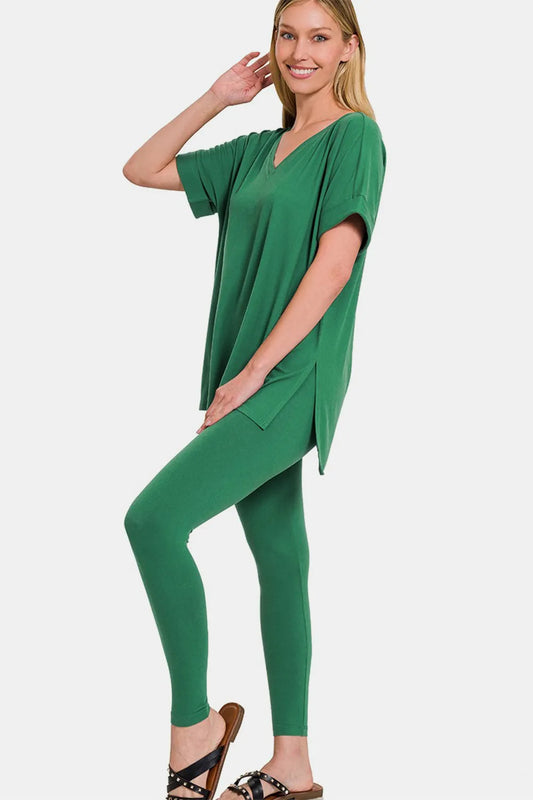 Zenana Full Size V-Neck Rolled Short Sleeve T-Shirt and Leggings Lounge Set Forest Easy Apparels