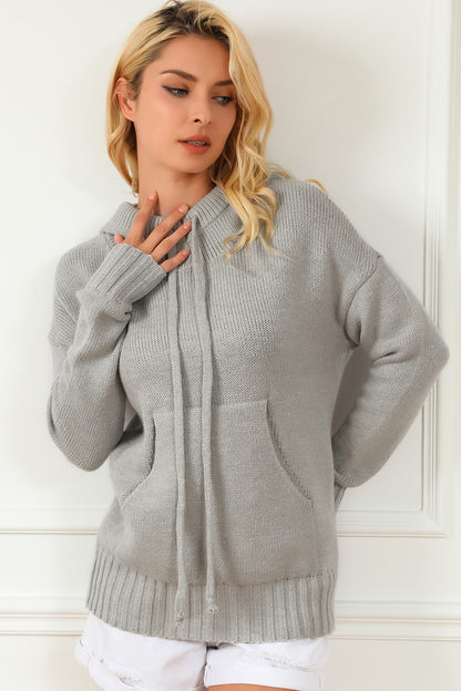 Drawstring Hooded Sweater with Pocket Light Gray Easy Apparels