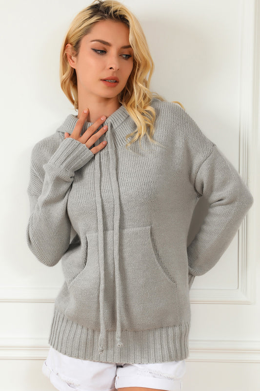Drawstring Hooded Sweater with Pocket Light Gray Easy Apparels