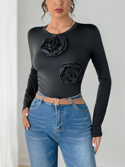 Trendsi Perfee Flower Round Neck Long Sleeve Bodysuit Black