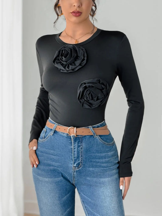 Trendsi Perfee Flower Round Neck Long Sleeve Bodysuit Black