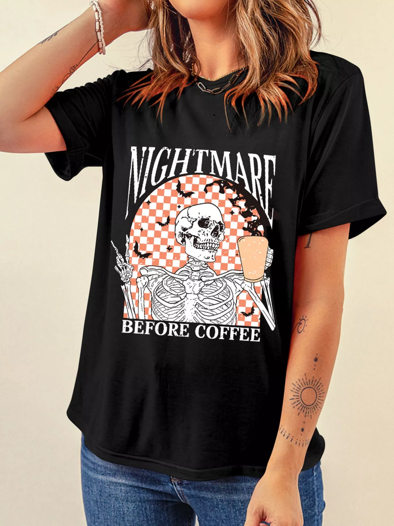 Halloween Skull Checkerboard Graphic Round Neck Tee Black Easy Apparels