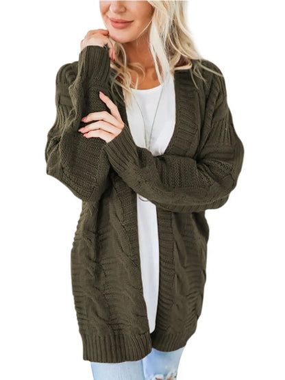 Cable-Knit Open Front Long Sleeve Cardigan Easy Apparels