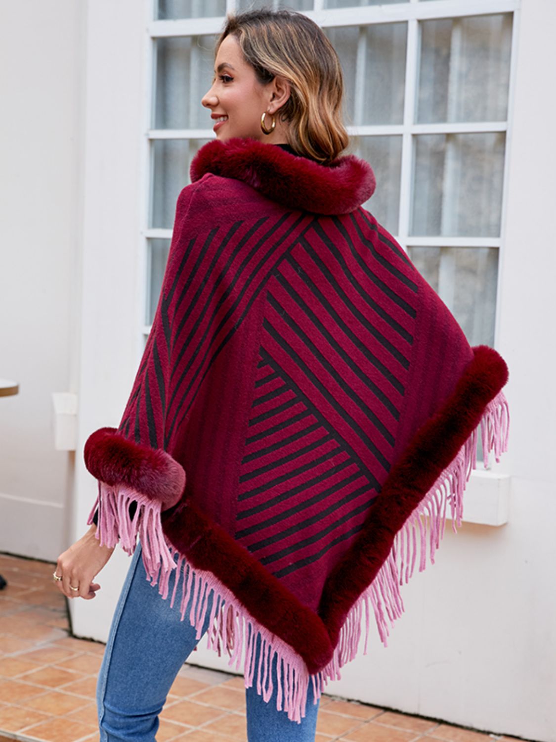 Striped Fringe Hem Poncho Easy Apparels