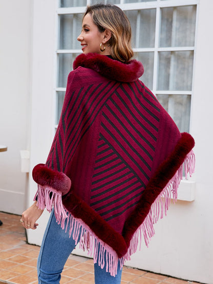 Striped Fringe Hem Poncho Easy Apparels