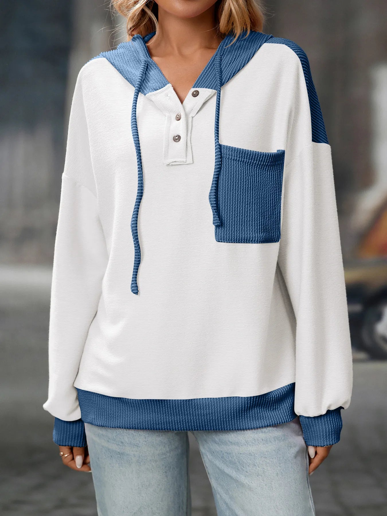 Trendsi Drawstring Button Detail Long Sleeve Hoodie