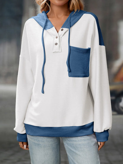 Trendsi Drawstring Button Detail Long Sleeve Hoodie