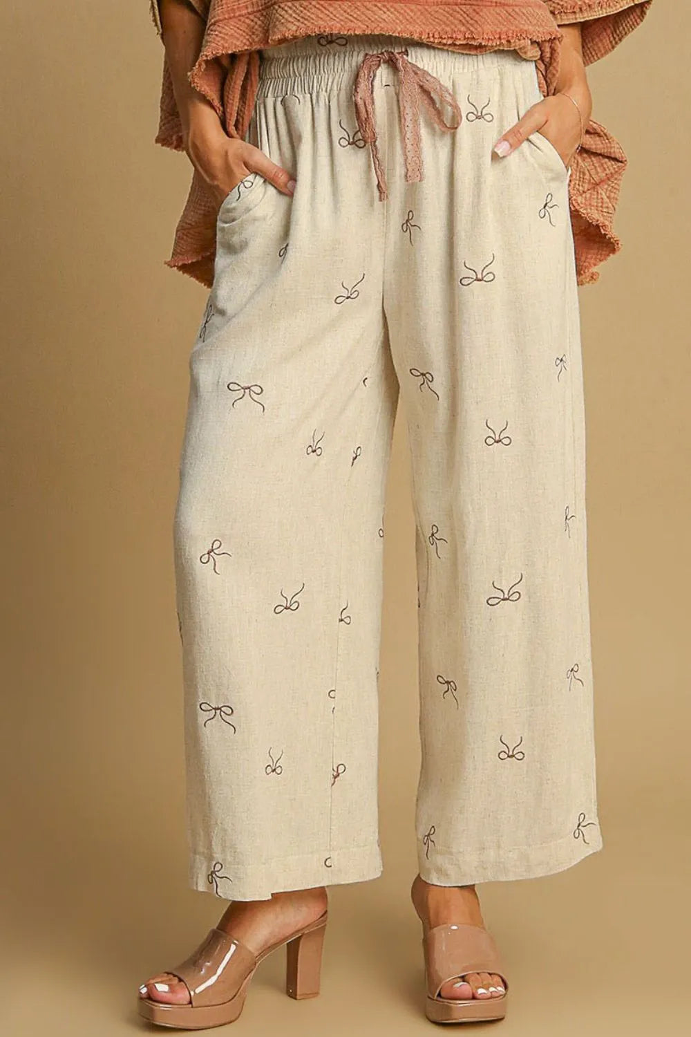 Umgee Full Size Lace Drawstring Embroidered Bow Wide Leg Pants Plus Size Easy Apparels