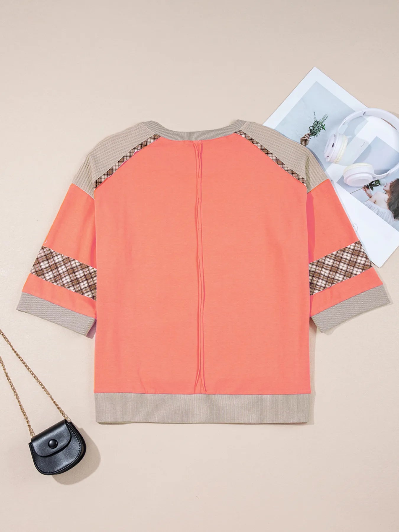 Trendsi Plaid Waffle Flower Patchwork Contrast Top