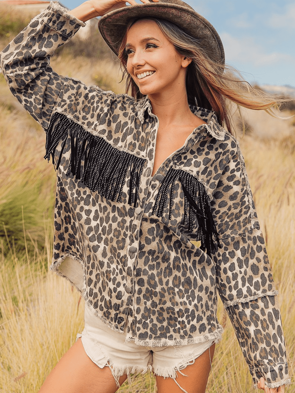 Leopard Fringe Detail Collared Neck Denim Jacket Leopard Easy Apparels