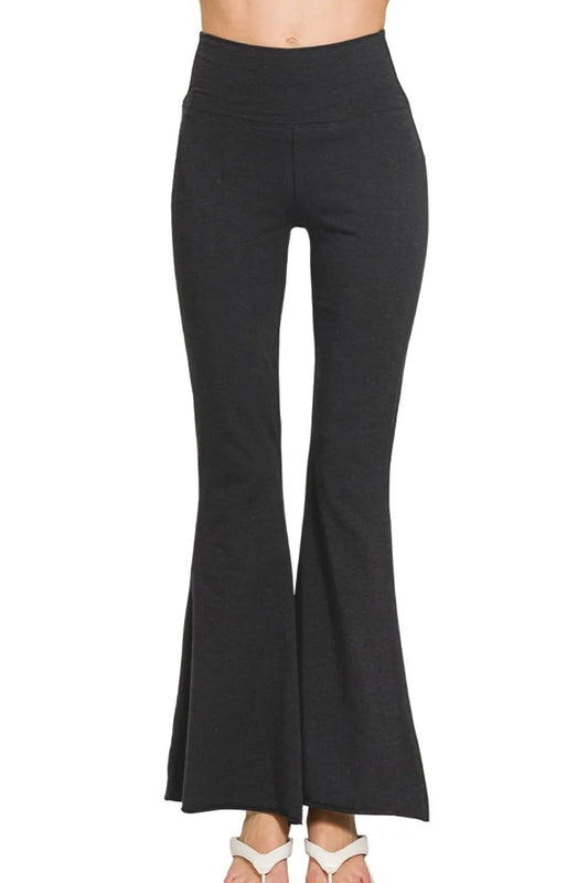 Zenana Raw Edge Hem Flare Yoga Pants BLACK Easy Apparels