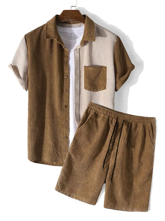 Men's Full Size Contrast Shots Sleeve Shirt and Shorts Set Plus Size Brown Easy Apparels