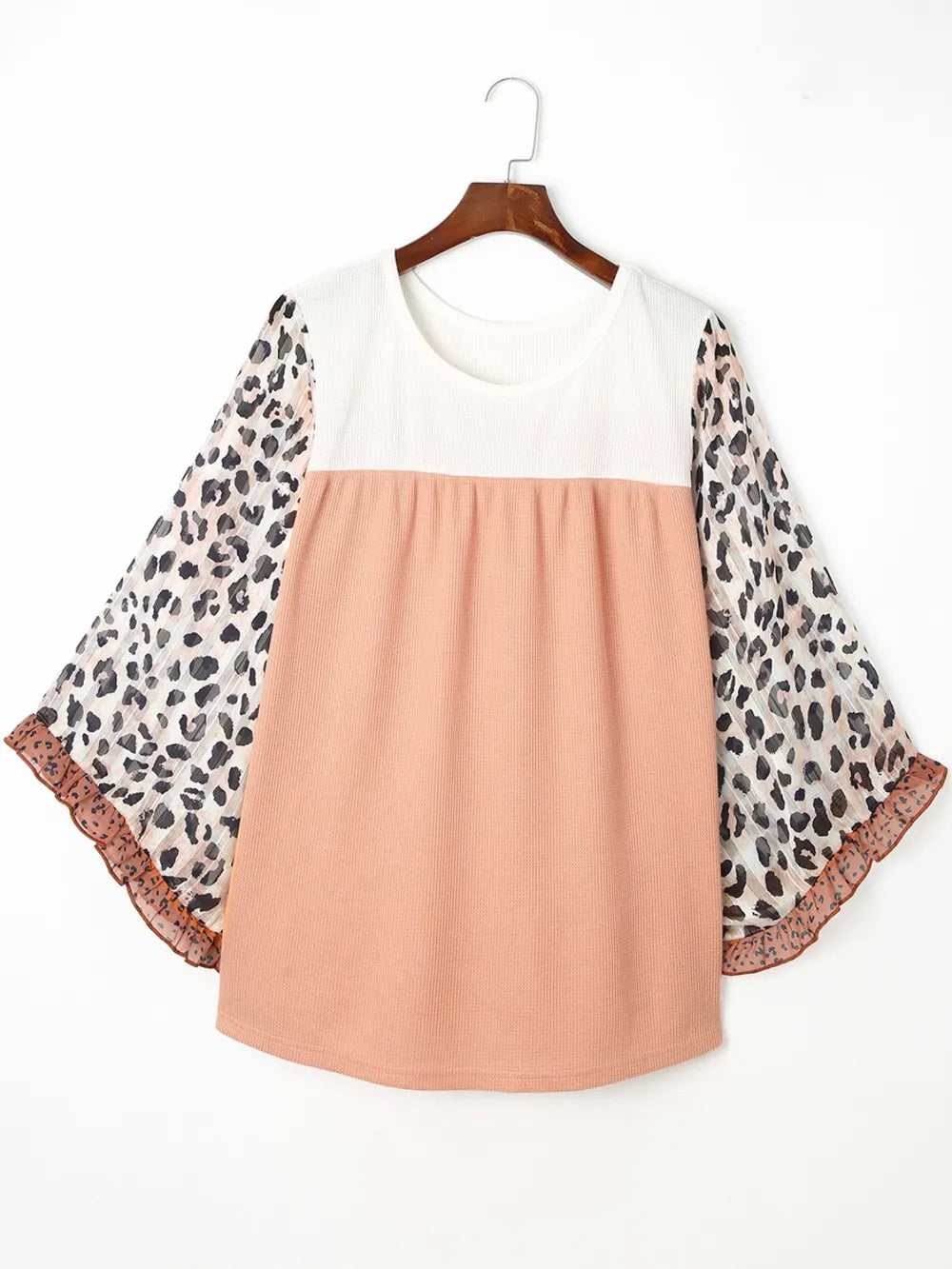 Trendsi Plus Size Leopard Ruffle Trim Long Sleeve Blouse