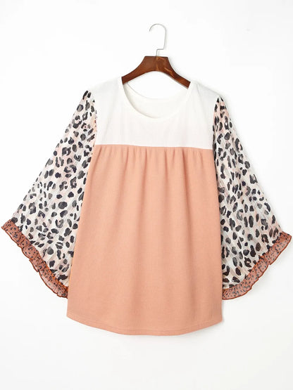 Trendsi Plus Size Leopard Ruffle Trim Long Sleeve Blouse