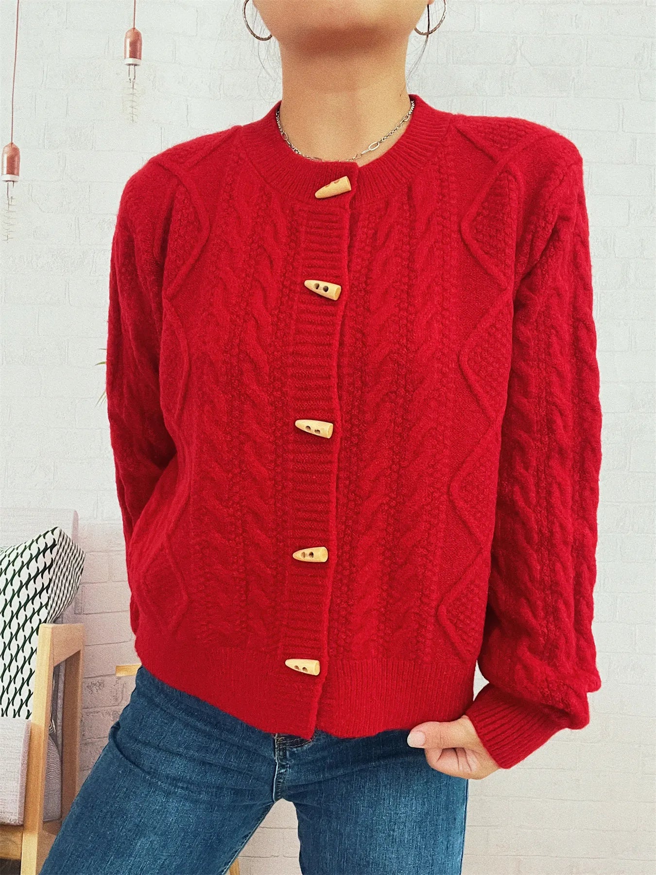 Cable Knit Button-Up Cardigan Easy Apparels