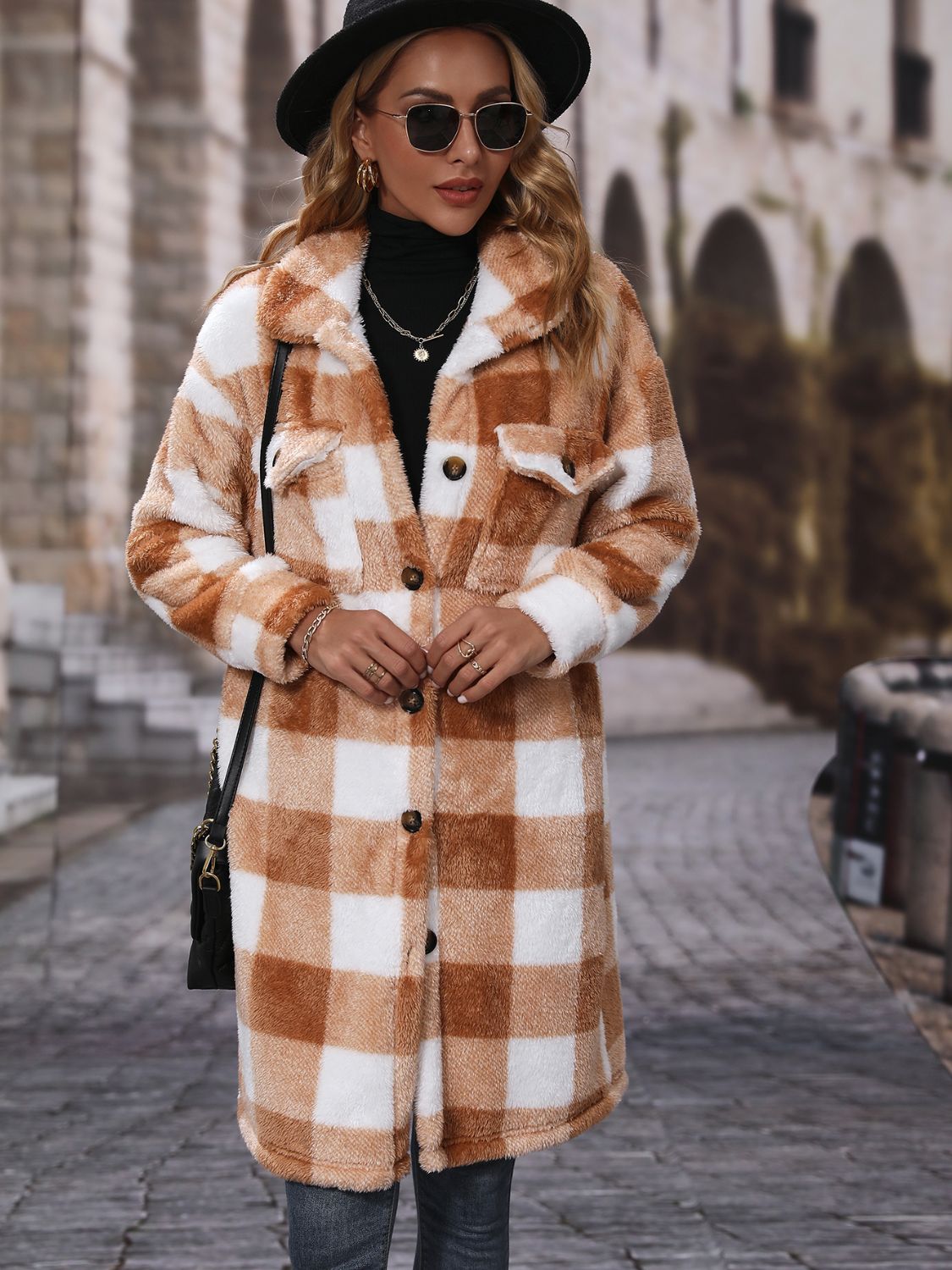 Plaid Collared Neck Button Down Coat Easy Apparels