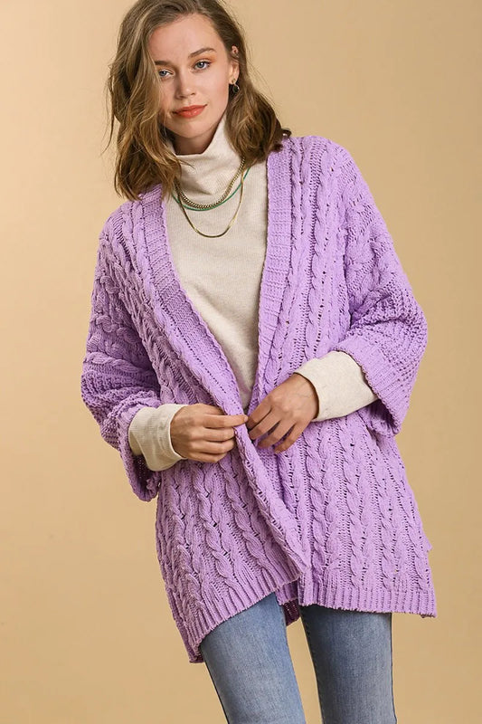 Umgee Full Size Cable Knit Open Front Long Sleeve Cardigan Lilac Easy Apparels