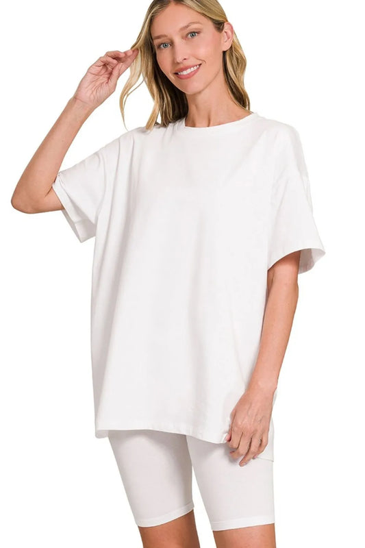 Zenana Cotton Round Neck Top & Biker Shorts WHITE Easy Apparels