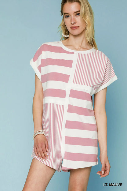 Umgee Mixed Striped Short Sleeve Romper LT. MAUVE Easy Apparels