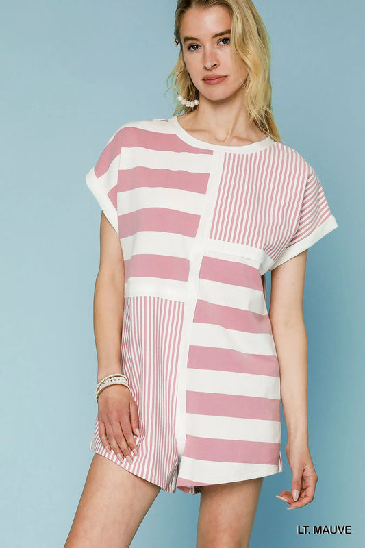 Umgee Mixed Striped Short Sleeve Romper LT. MAUVE Easy Apparels