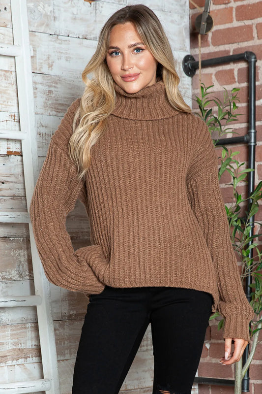 Turtleneck Dropped Shoulder Pullover Sweater Brown Easy Apparels
