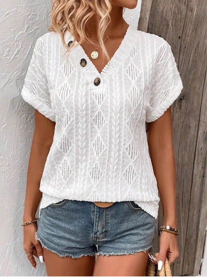 Trendsi Textured V-Neck Short Sleeve Top White