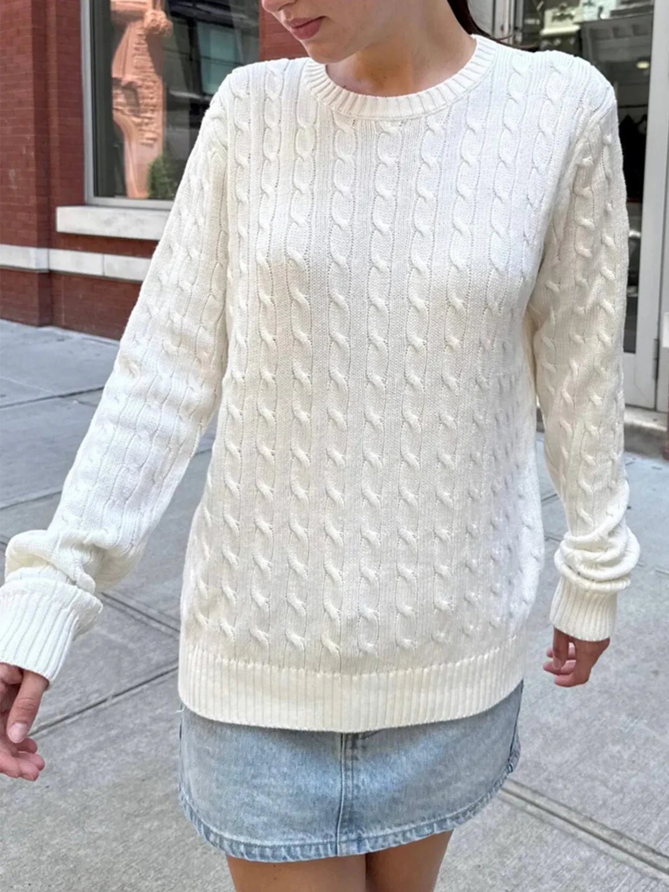 Trendsi Cable-Knit Round Neck Pullover Sweater