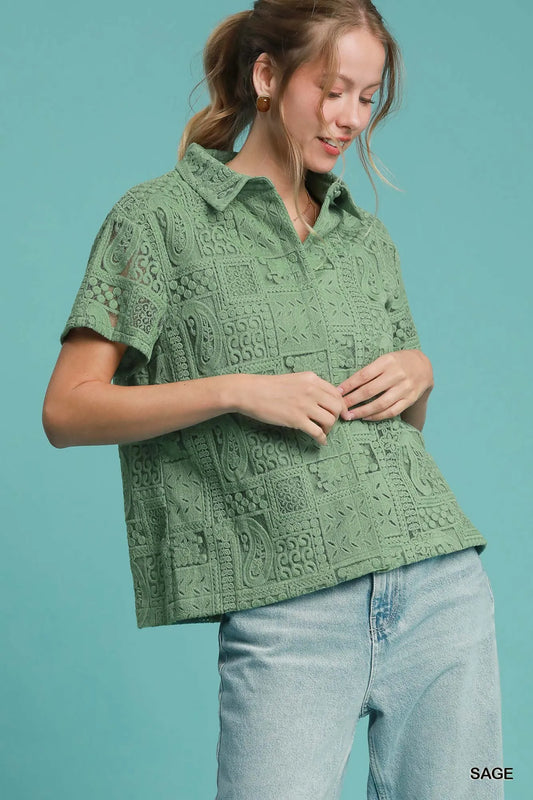 Trendsi Umgee Patch Lace Short Sleeve Button Down Shirt Sage