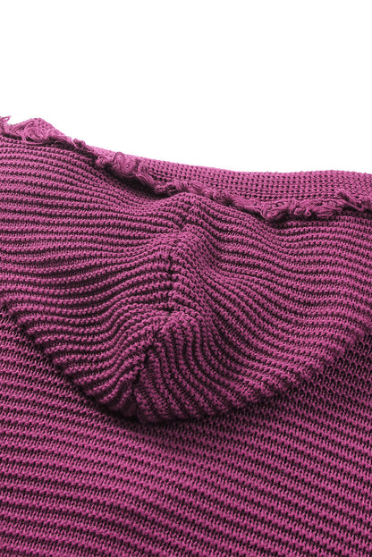 Woven Right Horizontal Ribbing Fringe Trim Hooded Sweater Easy Apparels