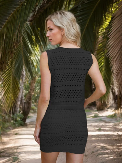 Openwork V-Neck Top and Skirt Knit Cover Up Set Easy Apparels