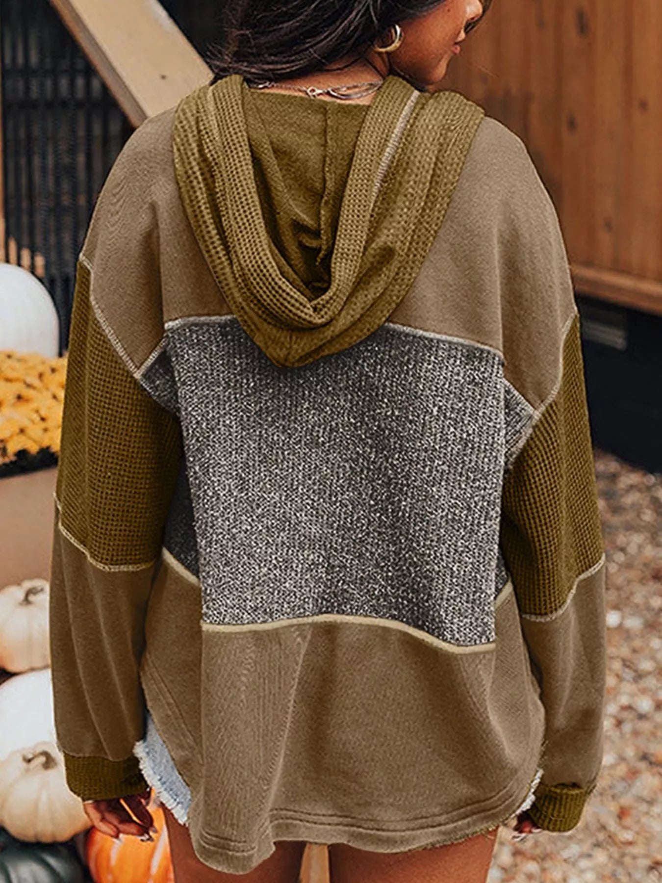 Trendsi Mixed Texture Patchwork Exposed Seam Half Button Hoodie